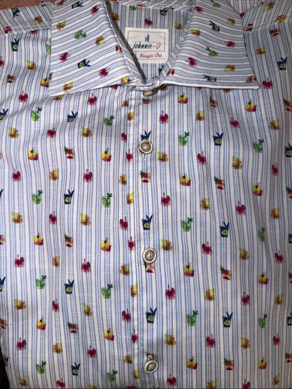 johnnie-O White Striped Button-Down with Multicolor Floral Motif Short Sleeve -M